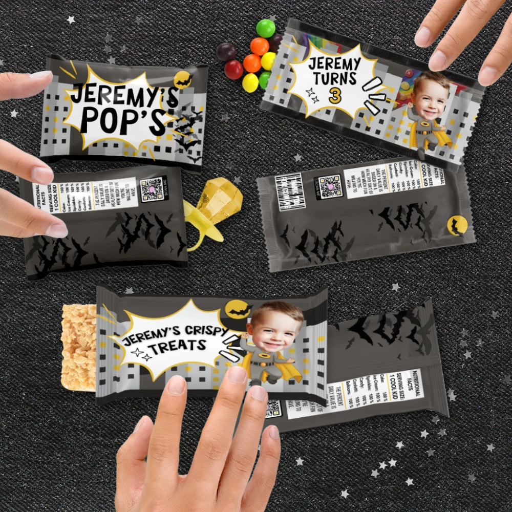 Bat Superhero Birthday Candy Wrapper Bags For Kids Comics Theme Party Favors, Yellow and Black Cityscape Party Supplies And Decorations