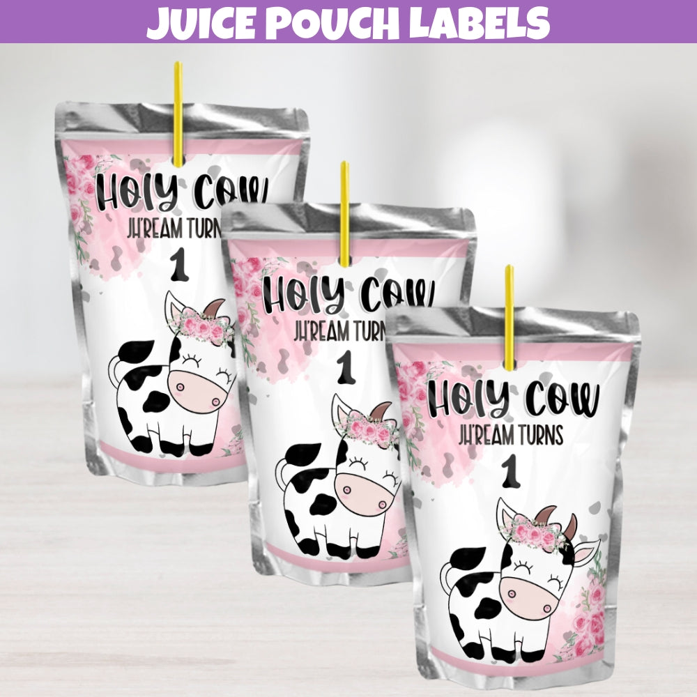 Custom cow print themed juice pouch labels with 'Holy Cow I'm One' and farm animal designs for birthday party favors