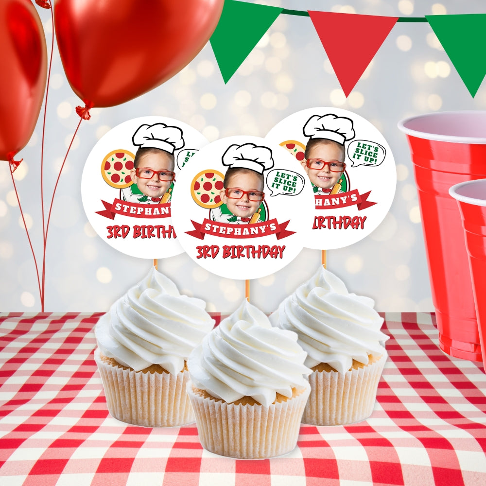 Personalized Pizza Birthday Cupcake Toppers, Pizza Cake Toppers, Pizza Party Birthday Decor, Pizza Party Favors, Kids Pizza Party Supplies