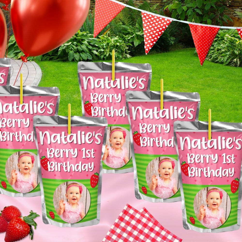 Strawberry Juice Pouch Labels - Berry Sweet One 1st Birthday Party Drink Stickers