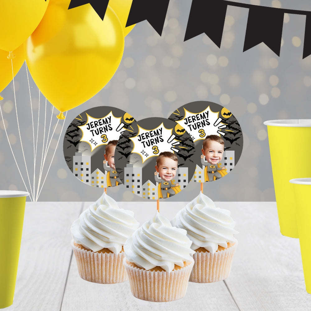 Personalized Bat Birthday Cupcake Toppers, Superhero Comic Book Party Decorations Yellow Black Cityscape
