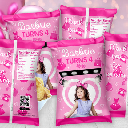 Personalized Pink Glamour Doll Inspired Fashion Runway Birthday Chip Bag Party Favors, Pink Party Decorations