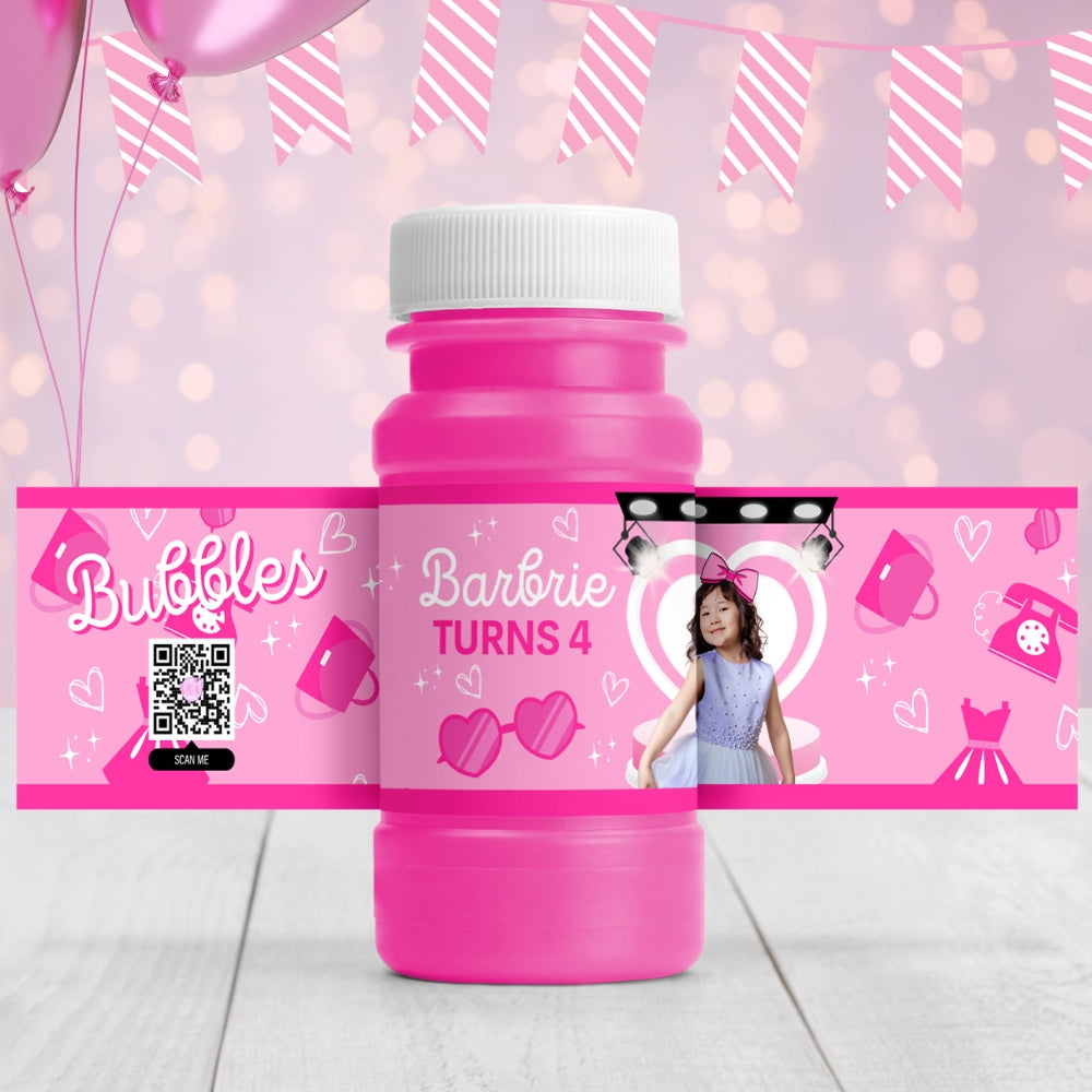 Personalized Glam Fashion Doll Inspired Bubble Bottle Labels, Little Girls Birthday Party Decoration Stickers