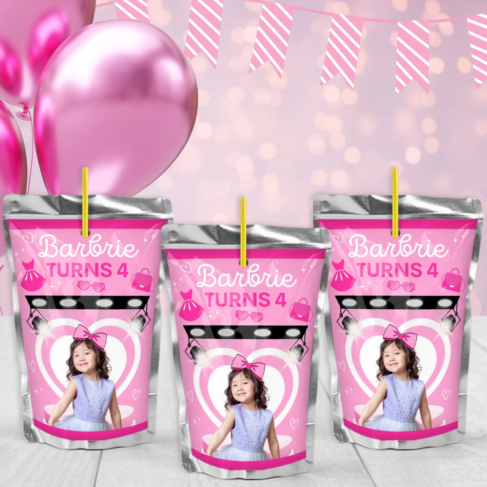 Personalized Fashion Birthday Juice Pouch Labels Stickers, Glam Party Favors Inspired by Hot Pink Doll, Girls Pink Party Decorations