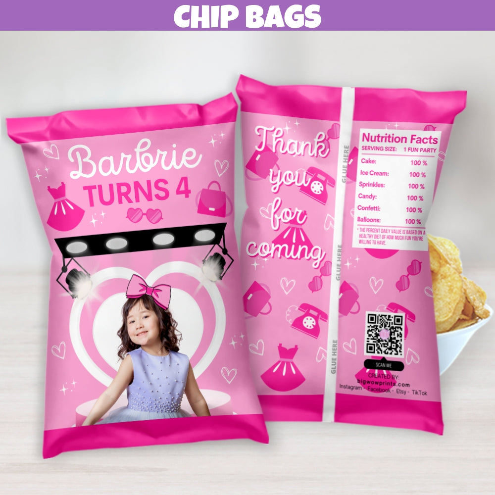 Personalized Pink Glamour Doll Inspired Fashion Runway Birthday Chip Bag Party Favors, Pink Party Decorations