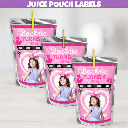 Personalized Fashion Birthday Juice Pouch Labels Stickers, Glam Party Favors Inspired by Hot Pink Doll, Girls Pink Party Decorations