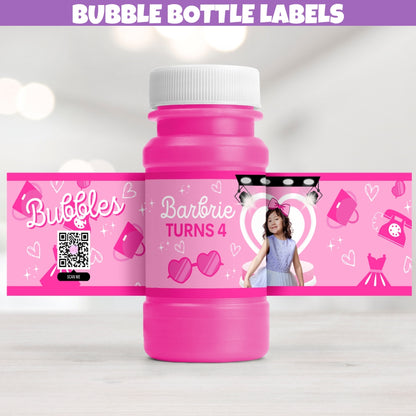 Personalized Glam Fashion Doll Inspired Bubble Bottle Labels, Little Girls Birthday Party Decoration Stickers