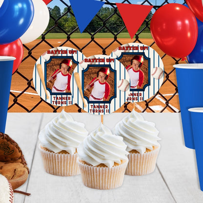 Personalized Baseball Cupcake Toppers With Photo, Sports Themed Food Picks For Boys Little Slugger Rookie Birthday Party Decor