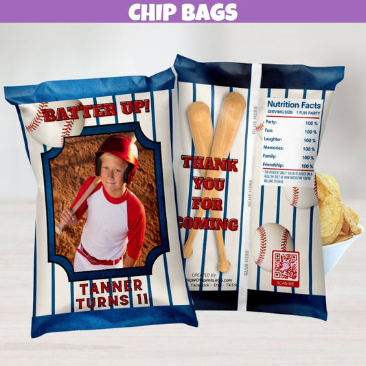 Personalized Baseball Chip Bag Favors With Custom Photo, Name, & Age, Baseball Birthday Decorations