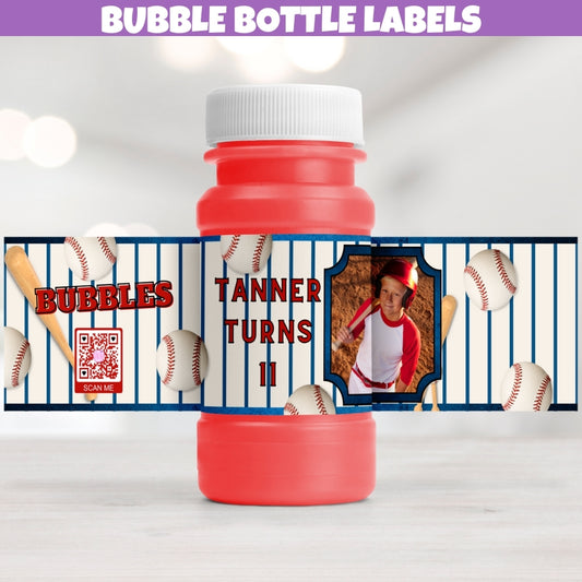 Custom Baseball Bubble Bottle Labels – Personalized Photo, Name, Age | Baseball Party Supplies & Favors