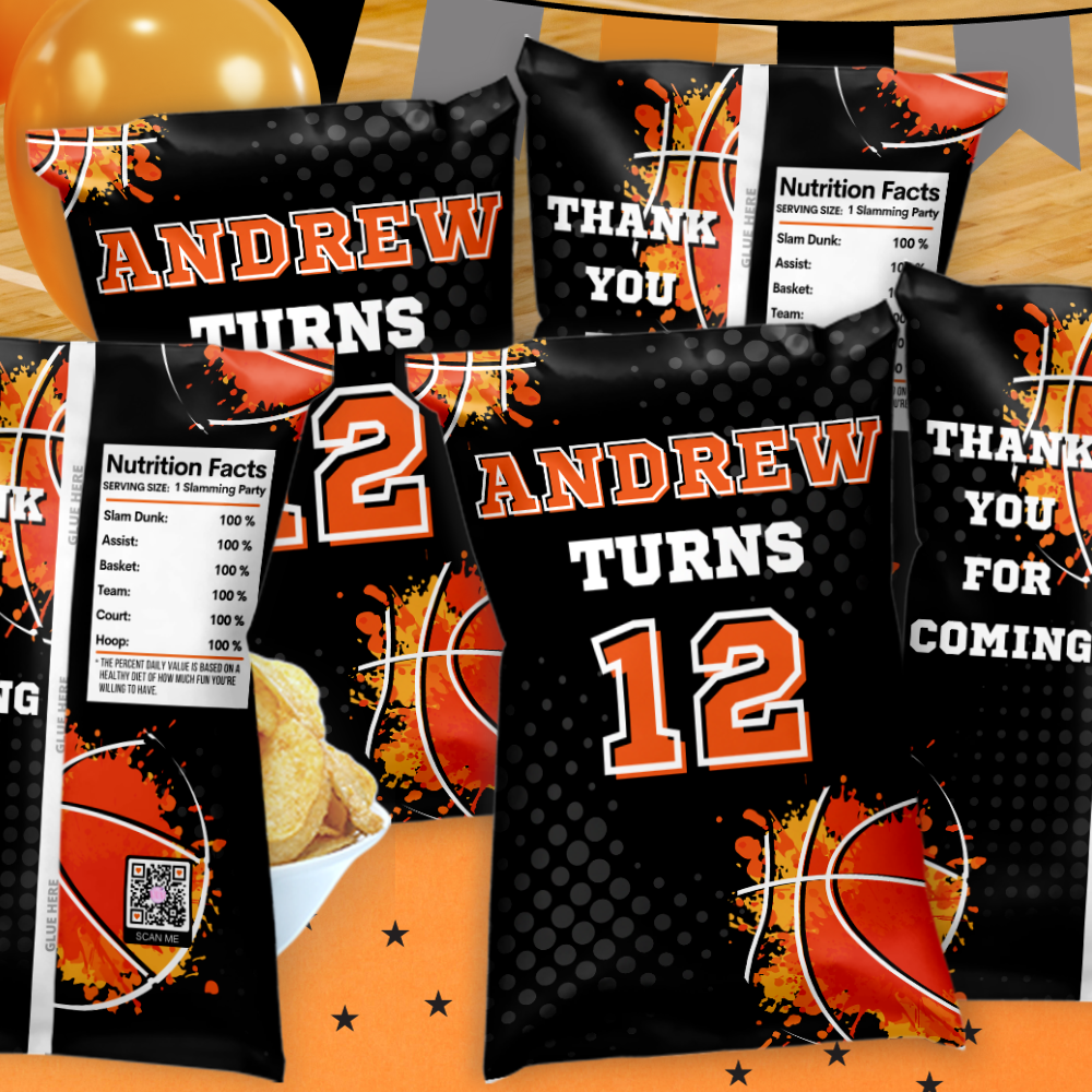 Personalized Basketball Birthday Party Favor Chip Bags, Sports Party Gift Bag Goodie Bags, Basketball Treat Bags, Basketball Party Supplies