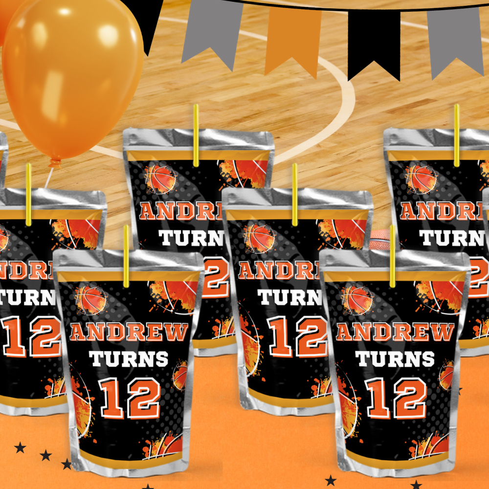 Personalized Basketball Juice Pouch Labels Party Favors – Custom Name & Age | Sports Stickers