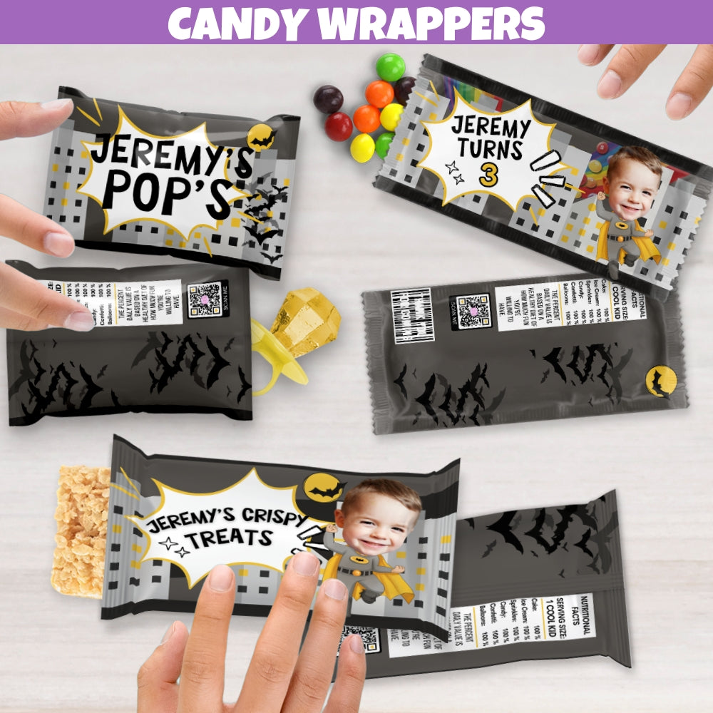 Personalized bat superhero birthday candy wrappers for party favor bags and boxes