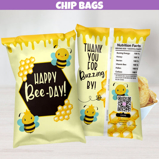 happy bee day chip bags, bumble bee party favors, bumble bee goodie bags, good to bee three birthday party decorations, bumble bee birthday gift bags