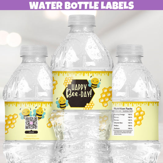 Happy bee day water bottle labels, sticker labels, bumble bee birthday party, sweet to bee party ideas, yellow water bottle labels, twin bee birthday party decor