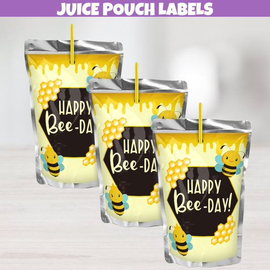 happy bee day juice pouch label stickers, bee birthday party theme ideas, bee party decor, designed with honey dripping, queen bee, boy drone, and homeycombs