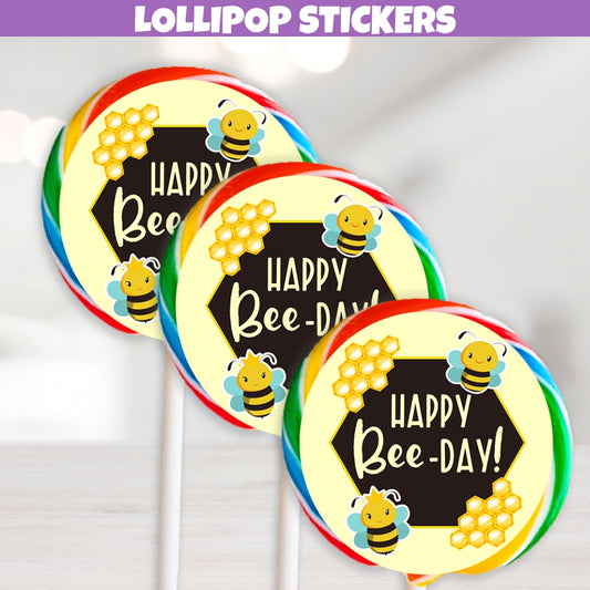 happy bee day lollipop sticker labels, bee day party decor, bee birthday party supplies, designed with queen bee drone bee and honeycombs