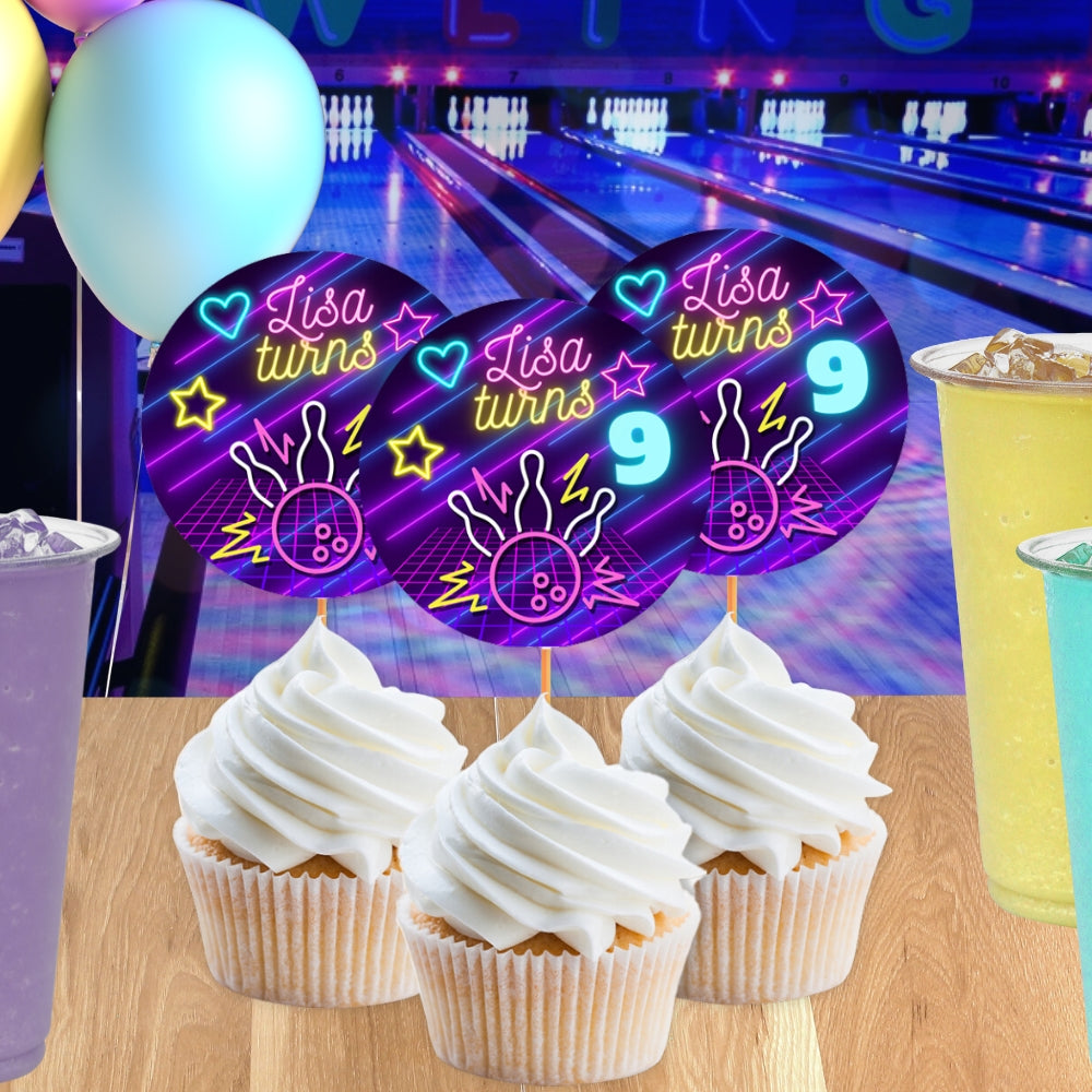 Girls' Bowling Cupcake Toppers – Neon Glow Cupcake Picks & Personalized Birthday Decorations