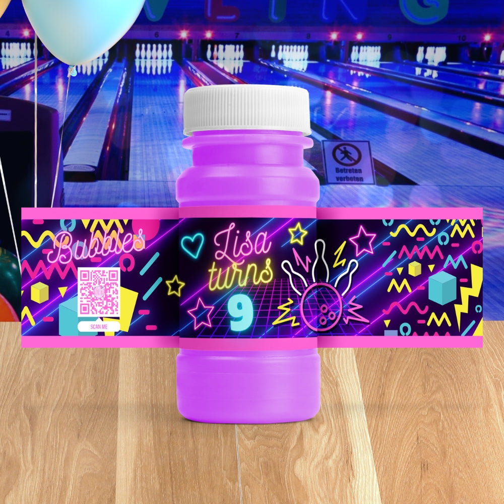 Personalized Bowling Bubble Bottle Labels – Neon Glow Party Favors & Retro Decorations