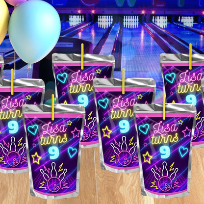 Girls' Personalized Bowling Juice Pouch Labels – Neon Glow Party Favors