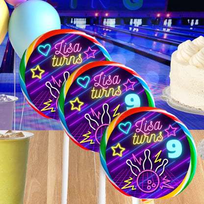 Personalized Bowling Lollipop Stickers – Custom Neon Glow Theme, Kids' Party Decorations