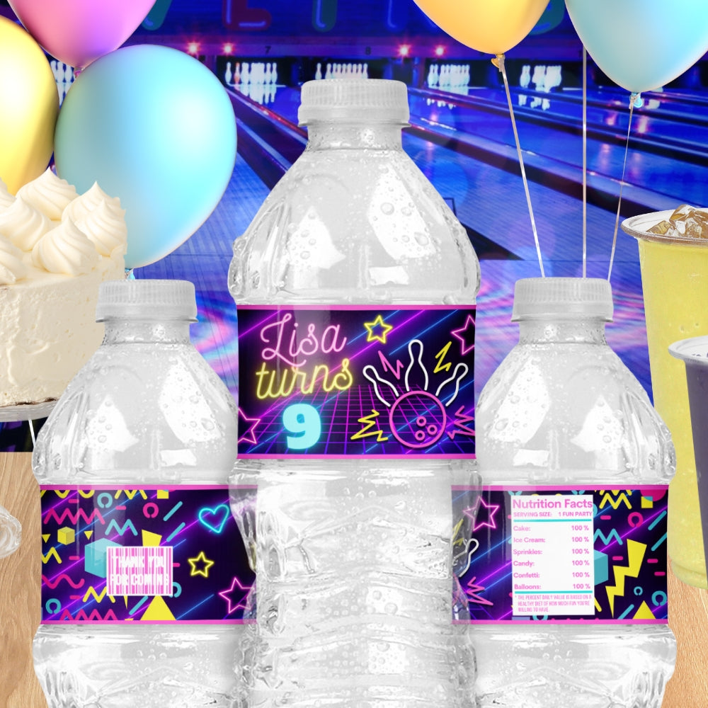 Girls' Personalized Bowling Water Bottle Labels – Neon Glow Party Drink Wrappers