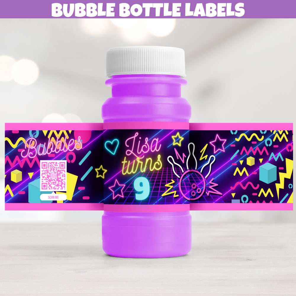 Girls Neon Bowling bubble bottle labels featuring colorful bowling pins and balls, perfect for bowling party goodie bags and children's favors.