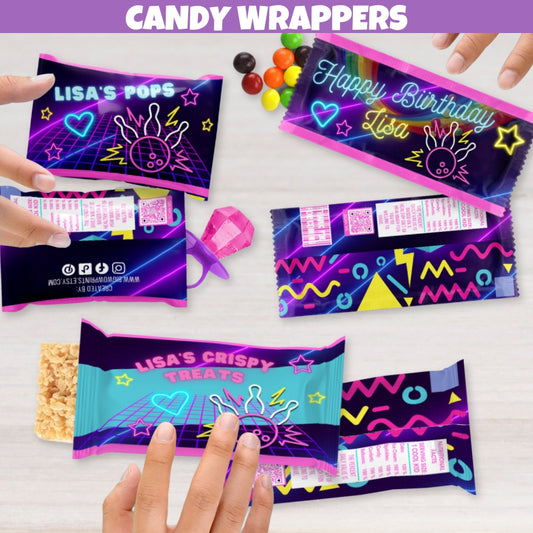 Girls Neon Bowling candy wrappers featuring retro 80s 90s backdrop with bowling pins and balls, perfect for bowling party goodie bags and children's favors