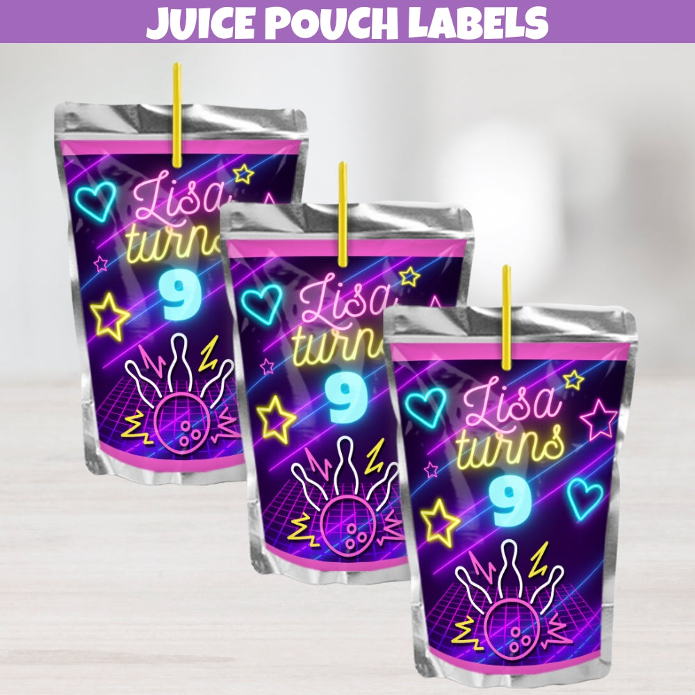 Girls Bowling juice pouch labels with fun bowling pins and balls design, ideal for bowling party drinks and event favors.