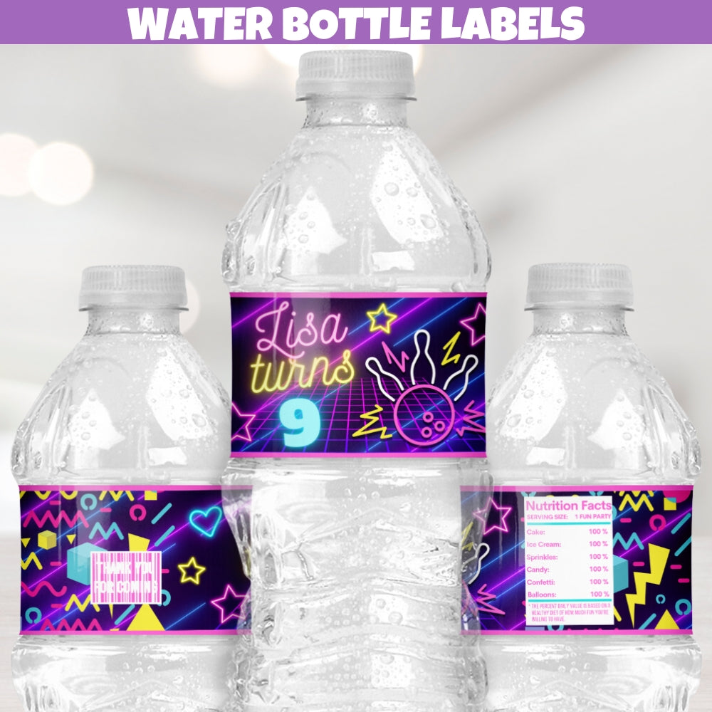 Bowling water bottle labels with vibrant bowling pins and balls design, perfect for bowling party drinks and event hydration.