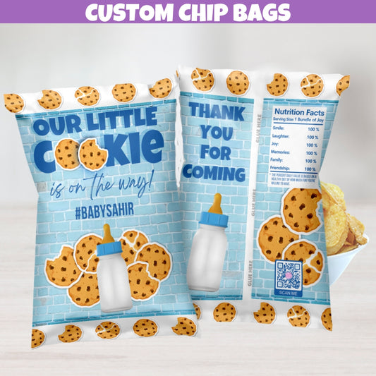 Blue Baby Shower Chip Bags - Adorable cookies and milk theme, perfect party favor goodie bags for a sweet celebration! Add your special hashtag to make it uniquely your own.