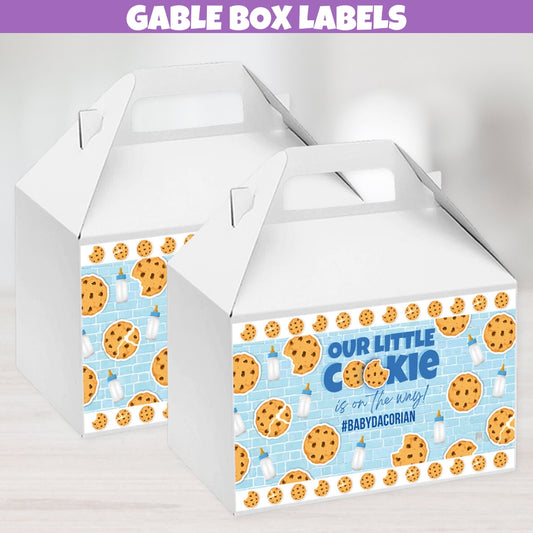 Personalized Chocolate Chip Cookies And Milk Baby Shower Gable Box Labels, Our Little Cookie Is On The Way, Boy Baby Shower, Blue Sprinkle Decorations
