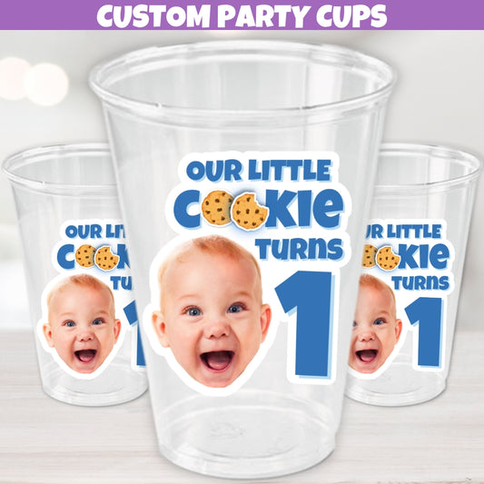 cookie birthday party cups, personalized birthday face cups with text, baker party cups