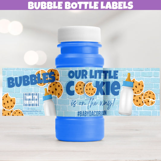 chocolate chip cookies and milk baby shower bubble bottle labels party favors that feature your own hashtag, Out Little Cookie Is On The Way Baby Shower Theme, Boy baby shower party favors, blue baby shower ideas