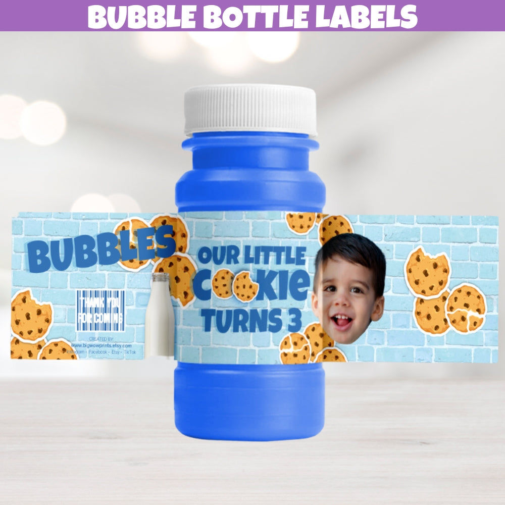 Fun blue cartoon cookies and milk bubble bottle labels, great for boy birthday party supplies.