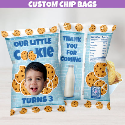 Playful blue chip bag party favors with cookies and milk theme great for boys 1st birthday celebration