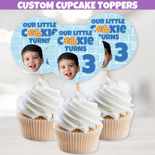 blue cookie themed cupcake toppers for birthday party decorations, perfect for topping off sweet treats like cakes and desserts