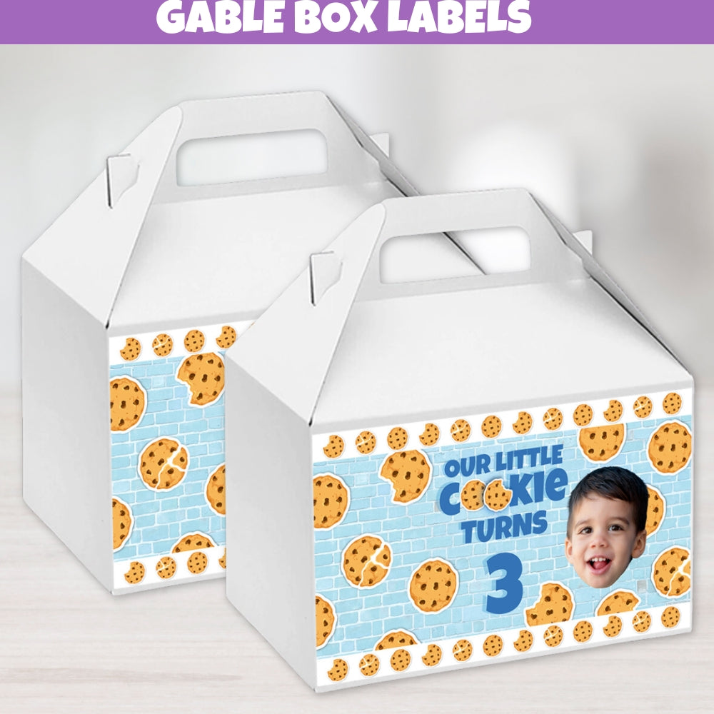 Cute blue cookies and milk themed gable box labels, ideal for kids birthday party favors and gifts.