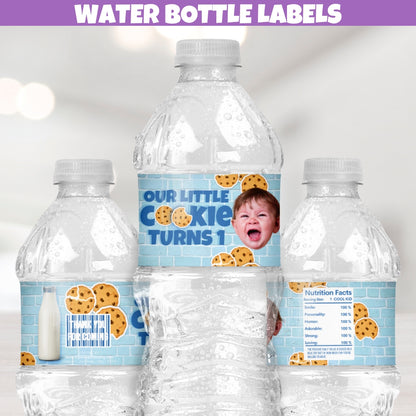 Blue cookie character birthday water bottle labels with fun design, perfect for themed party decorations.