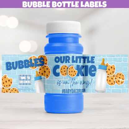 Fun chocolate chip cookies and milk themed blue cartoon bubble bottle labels for baby shower party supplies, creating a delightful atmosphere for your guests.