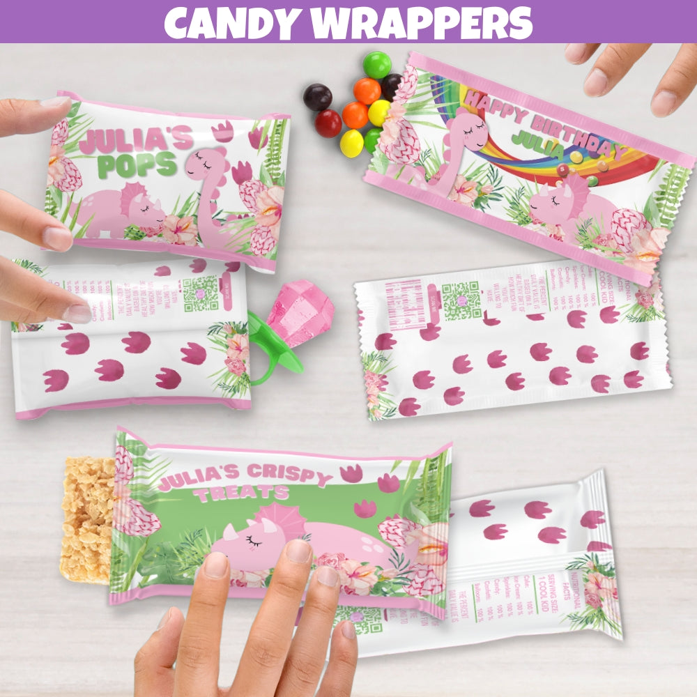 Custom girl dinosaur-themed candy wrappers with playful dinosaur prints and vibrant colors for party favor bags