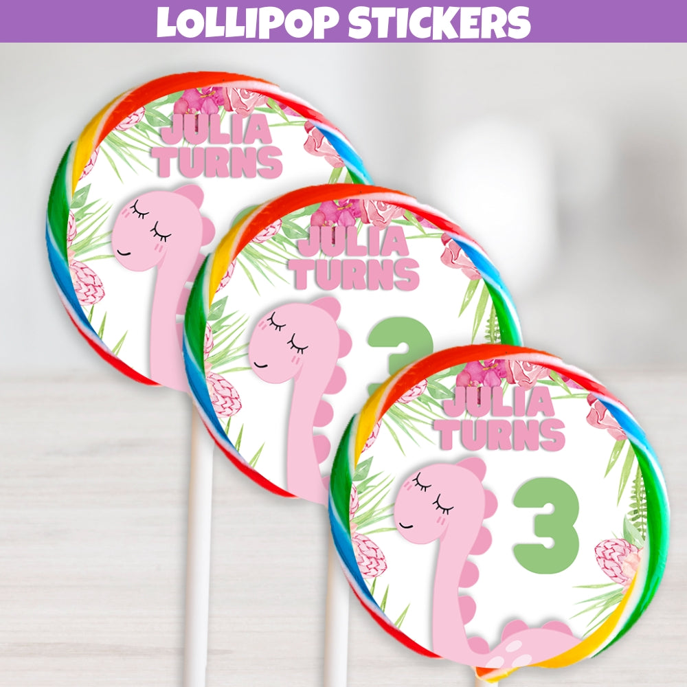 Girl's dinosaur themed lollipop stickers with a colorful dinosaur design and custom personalization, perfect for party treats.