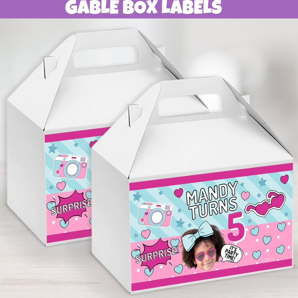 surprise doll birthday gable box labels with vibrant blue and pink designs like hearts stars stripes and polka dots