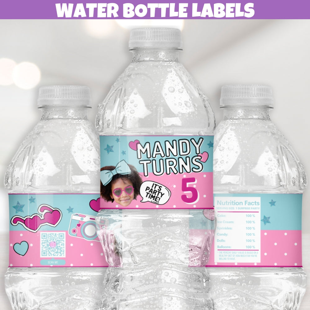 Personalized surprise doll birthday party water bottle labels designed with pink and blue polka dots stripes stars and hearts, pink heart shape eyeglasses shades