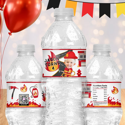 Firefighter Water Bottle Labels Customized With Photo, Fireman Party Favors, Fire Truck Birthday Decorations, Personalized Fire Fighter Stickers