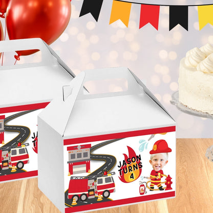 Personalized Firefighter Birthday Party Gable Box Labels, Fire Truck Party Decorations, Stickers,