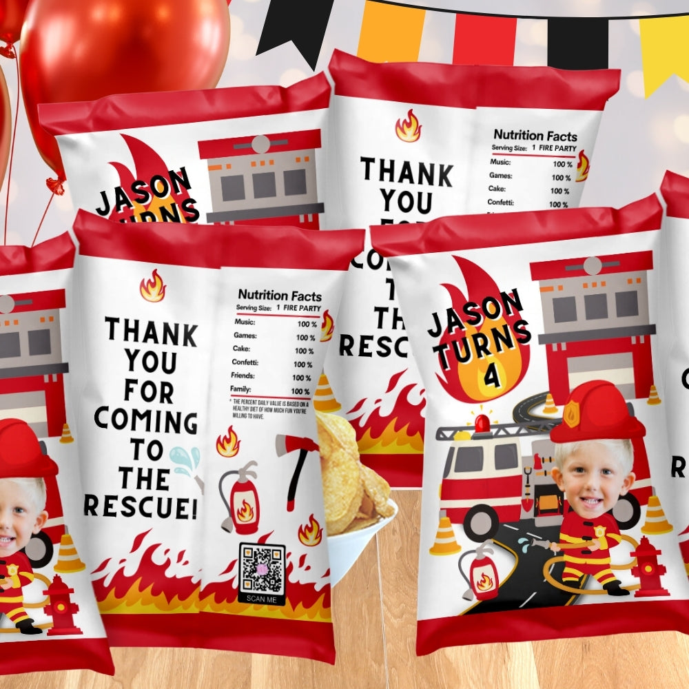 Personalized Firefighter Chip Bags - Customized with a child in front of a fire truck and fire station, holding a hose. Includes their face, name, and age for a uniquely tailored touch! Great for fireman birthday, fire truck party, fire station celebrations, graduations, and more!