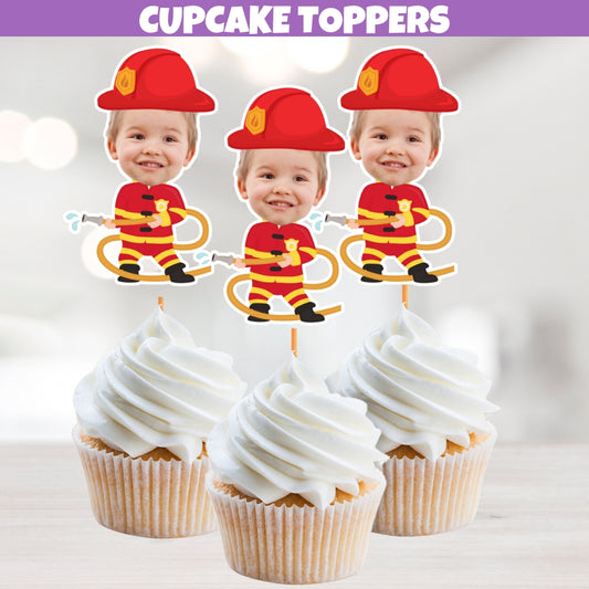 Firefighter Cupcake Toppers, Personalized Face Cupcake Toppers Designed With Fireman Holding A With Hose and Wearing A Firefighter Helmet