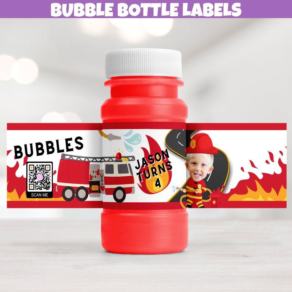 firefighter decorations for fire truck birthday party, personalized bubble bottle labels