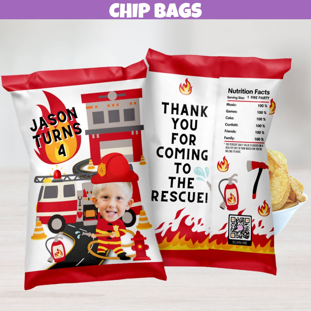 Firefighter chip bags personalized for firefighter birthday party table centerpiece decorations